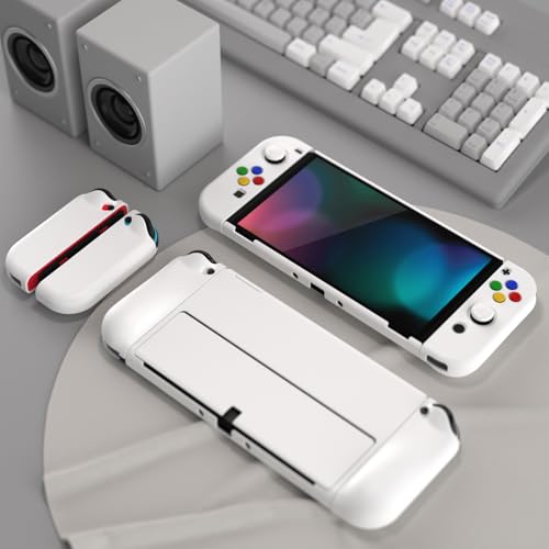 PlayVital AlterGrips Protective Slim Case for Nintendo Switch OLED, Ergonomic Grip Cover for Joycon, Dockable Hard Shell for Switch OLED w/Thumb Grip Caps & Button Caps - color: White