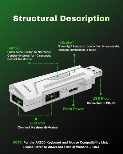 AX200 Keyboard & Mouse Adapter for PC, Nintendo Switch, Aim Assist | Compatible with Nintendo Switch 2, Supports COD, Apex Legends and more.