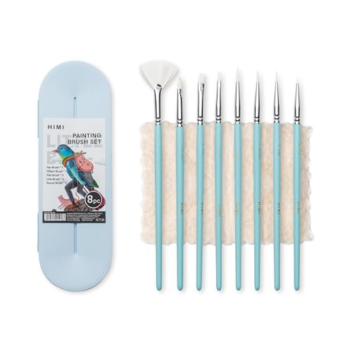 HIMI Paint Brushes Set 8 Pcs for Acrylic Oil Gouache Paint，2 Flat & 2 Round & 2 Liner &1 Filbret &1 Fan, 8pcs Brushs, Interesting Designed Nice Gift for Art hobbyist Beginners Artists (Blue,8 Pcs) - color: 8pcs-blue
