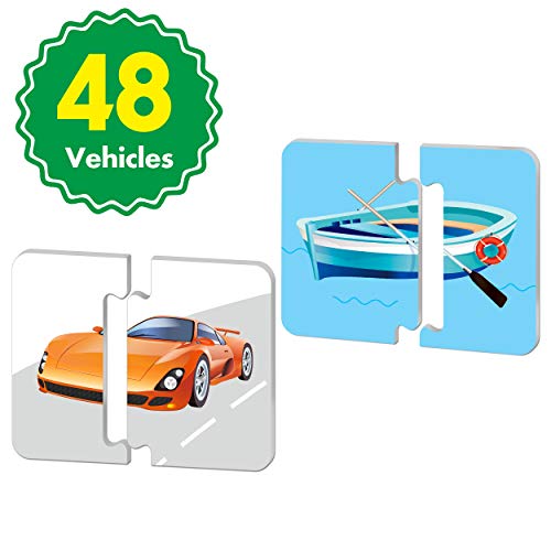48 Vehicle Matching Puzzles with Error-Correction Mechanism Pre-Primer in 2 Pieces, Perfect for Preschool Learning (24 Blocks Double Sided) - style: Vehicle-A