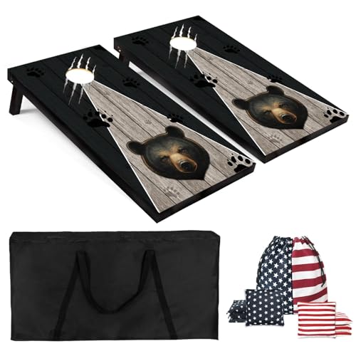 Cornhole Board Set 4x2 Regulation Size Cornhole Set with Carrying Bags & 8 Bean Bags Corn Hole Boards Bean Toss Game for Adults Family Outdoor Lawn Outside Backyard Games - color: Trendy Bear Board cornhole set - Solid Wood, size: 4*2FT