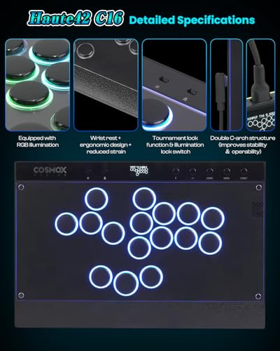 Haute42 C16 Leverless Arcade Stick, Magnetic DIY Art Panel, Hot-Swap | RGB Button Rims, Tournament Lock Switch, Hot-Swap Supported, Compatible with PC/Switch/PS4/Steam Deck