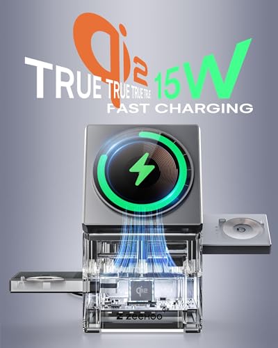ZEEHOO 3 in 1 Charging Station for Apple, Mag-Safe for iPhone Charger, Qi2 Certified Rotating Wireless Charger Stand for iPhone 17,16,15,14,13,12 Series, Apple Watch, AirPods (USB-C Charger Included) - color: Metal Gray