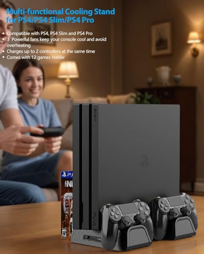 Vertical Stand for PS4/PS4 Slim/PS4 Pro, Black | Cooling Fan, Controller Charging Station, 12pcs Game Storage, PlayStation 4 Charger