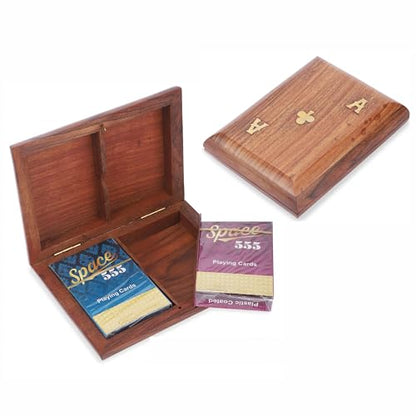 Ajuny Wooden Playing Card Box 15x12 cm, Double Deck Organizer with 2 Sets | Handcrafted Brass Inlay Club Design Elegant Twin Card Collector Decorative Storage Case Organiser Housewarming Gift 15 x 12cm