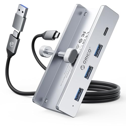 ORICO USB Hub 3.0, Clamp USB Hub with Extra Power Port, 3 USB-A Data Ports, USB-C Port for Monitors, Desks(Silver) - color: Silver