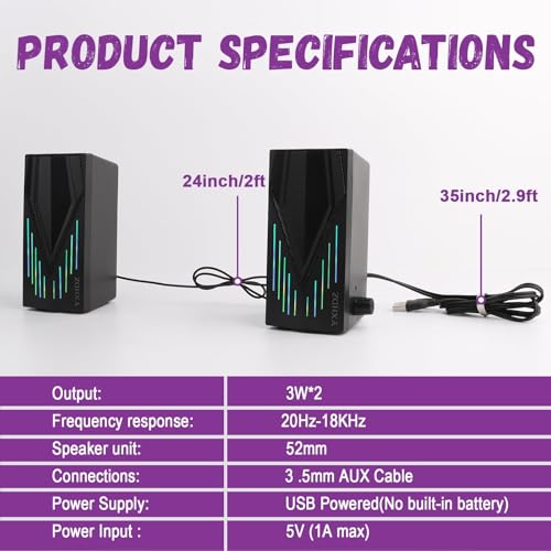 Black Wired Computer Speakers, USB Powered Gaming Speakers with Zero-Lag Audio, Dynamic RGB Lighting, 3.5mm Aux Cable for PC Desktop Monitor Laptop Tablet