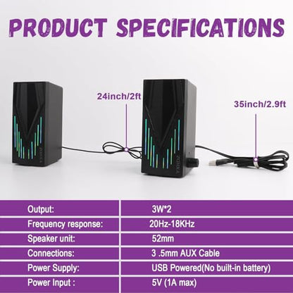 Black Wired Computer Speakers, USB Powered Gaming Speakers with Zero-Lag Audio, Dynamic RGB Lighting, 3.5mm Aux Cable for PC Desktop Monitor Laptop Tablet