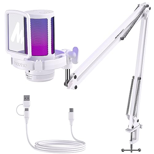 MAONO USB Gaming Microphone with Noise Cancellation, Computer PC Mic with Boom Arm, RGB Light, Mute, Gain, Monitoring Streaming Mic for Podcast, YouTube, Twitch, Discord, PS5/4, GamerWave DGM20S - color: White