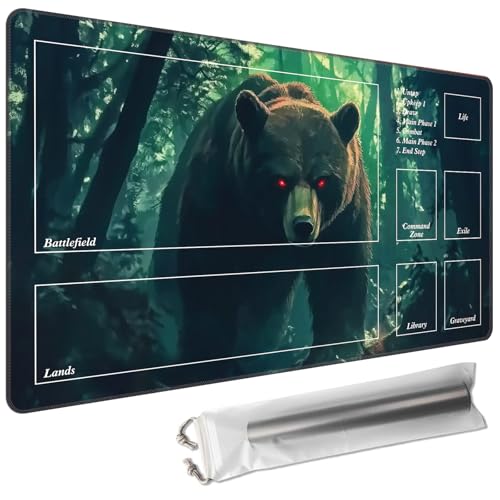 MTG Playmat with Magic Zone 24 x 14in Includes Storage Bag,TCG Playmat with Soft Surface Premium Non-Slip Rubber Backing Stitched Edges Durable Gaming Mat,Bear in the Forest - color: Bear in the Forest, size: 24"×14"With Zones