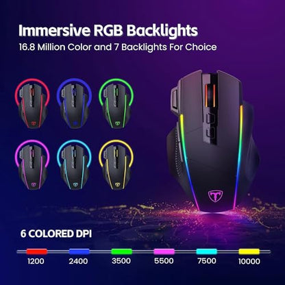RisoPhy Wireless Gaming Mouse, 3 Modes - 2.4G/USB-C/Bluetooth 6 Level 10000DPI Chroma RGB Backlit Ergonomic 8 Programmable Buttons, 58H Capacity Rechargeable Computer Mouse for PC/Mac/Laptop
