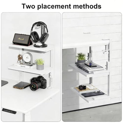 2-Tier Desk Shelf, Expandable Under Desk Storage, Clamp on Desk Shelf, Desktop Accessories for Offices, Study Rooms, and Game Rooms (White) - color: White