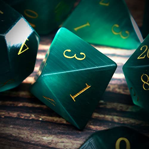 Haxtec Gemstone DND Dice Set Emerald Green Cat Eye Stone Dice with Dice Case Compatible with Dungeons and Dragons Role Playing Games DNDGift - color: Green
