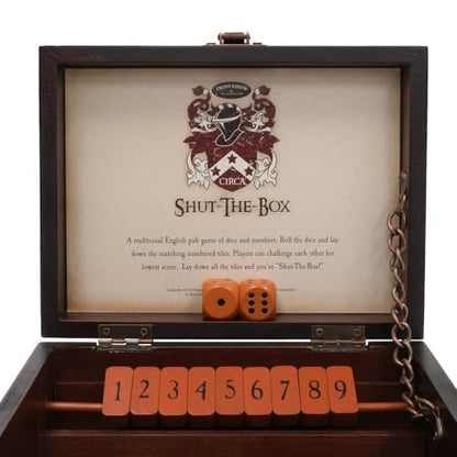 Front Porch Classics, Circa Shut the Box, Wooden 9 Number Dice Game with Case for Travel, for Adults and Kids Ages 8 and Up