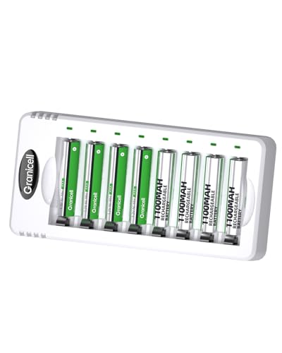 Granicell 8-Pack NiMH AAA Rechargeable Batteries with Charger | Low Self Discharge Triple A Batteries with 8 Bay AA AAA Smart Battery Charger for Ni-MH Ni-CD,Independent Slot - size: Charger&AAA-8