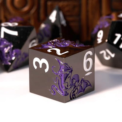 Cthulhu-Inspired Octopus Metal RPG Dice Set,7-Piece,Shadow Purple on Black,Solid Zinc Alloy Plated Finish,Gift for Tabletop Role-Playing Fans (Black Purple) - color: Black Purple