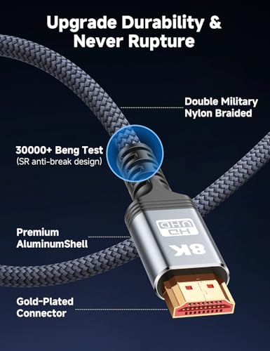 8K 10K 4K HDMI Cable 48Gbps 3.3FT/1M, Certified Ultra High Speed HDMI Cable Braided Cord-4K@120Hz 8K@60Hz, DTS:X, HDCP 2.2 & 2.3, HDR 10 Compatible with Roku TV/PS5/HDTV/Blu-ray - size: 3.3 Feet