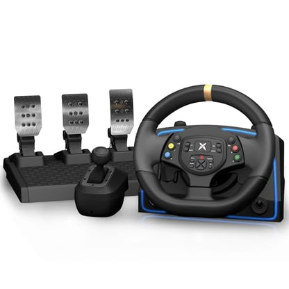 NBCP F10 Pro1080 Degree Gaming Steering Wheel with Hall Effect Metal Pedals and 6-Speed H-Pattern Shifter-Magnetic Induction Sim Racing Wheel, Sensitivity Adjustment,Angle Locking,Dual Motor Vibration- Steering Wheel for PC, PS3,Euro Truck Simulator 2 - c