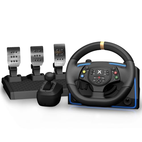 NBCP F10 Pro1080 Degree Gaming Steering Wheel with Hall Effect Metal Pedals and 6-Speed H-Pattern Shifter-Magnetic Induction Sim Racing Wheel, Sensitivity Adjustment,Angle Locking,Dual Motor Vibration- Steering Wheel for PC, PS3,Euro Truck Simulator 2 - c