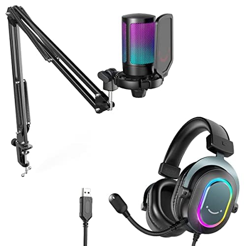 FIFINE Gaming Microphone and USB Streaming Headset Kit, PC Podcast Condenser Mic with Boom Arm, Pop Filter, Mute, Wired Headphones with 7.1 Surround Sound for Streaming, Twitch, Online Chat (A6T+H6)