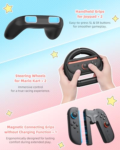 Switch 2 Accessories, Controller Bundle Case for Nintendo Switch 2 (2025), MENEEA 17-IN-1 Kits: Pro Controller, Carrying Case, Grips for Joy Con,Steering Wheels for Mario Kart,Protective Cover for Controller Console for Switch 2 (1* Black Controller) - co