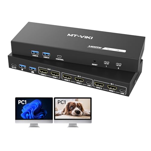MT-VIKI HDMI KVM Switch 2 Monitors 2 Computers 4K@60Hz, USB3.0 HDMI KVM Switch Dual Monitor with 4 USB 3.0 Ports Sharing Keyboard/Mouse/Printer - style: 2 IN 2 OUT 4K@60