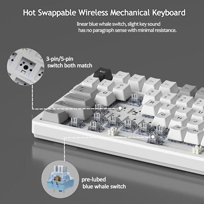 MageGee LIGHT100 Wireless Creamy Keyboard, Gasket Structure Hot Swappable, Tri-Mode 2.4G/USB-C/BT5.0 RGB Backlit Mechanical Gaming Keyboard for Win/Mac/PC, PBT Keycap, 4000mAh Battery, Grey - color: Grey Black/Blue Whale Switch