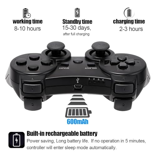 Diswoe Controller for PS-3, Wireless Bluetooth Controller Gamepad Joystick, Double Vibrating Controller for Play_station 3 with Charger Cable Cord Thump Grips