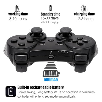 Diswoe Controller for PS-3, Wireless Bluetooth Controller Gamepad Joystick, Double Vibrating Controller for Play_station 3 with Charger Cable Cord Thump Grips