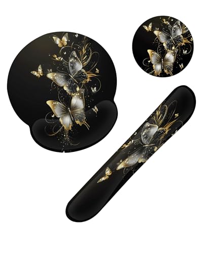 Golden Butterfly Keyboard Wrist Rest Pad Mouse Pad Set,Ergonomic Mousepad Wrist Support Memory Foam Desk Pad for Gaming Office,Non-Slip Rubber Base Easy Typing for Home Office Computers - color: Golden Butterfly