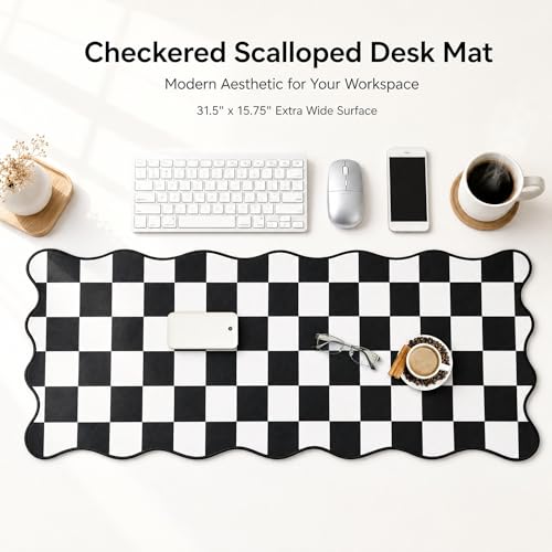 Large Checkered Desk Mat, 31.5" x 15.75" Scalloped Edge Mouse Pad, Non-Slip Rubber Base, Waterproof Desk Pad for Home Office Gaming, Keyboard Pad with Stitched Border (Black)