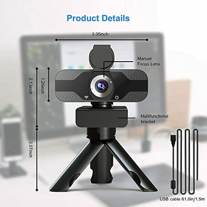 1080P Webcam with Privacy Cover Streaming Webcam with Microphone USB Tripod