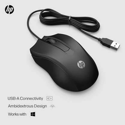 HP Wired Mouse 100 - Precise Optical Sensor with 1600 DPI - Easy USB Connection - Ambidextrous Design - 3 Button Control & Built-in Scrolling - Multi-OS Compatible (6VY96AA#ABL) - style: New