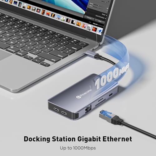 Reborn Docking Station Dual Monitor Adapter, Laptop Docking Station 3 Monitors Triple Display USBC Hub Dongle to 4K60Hz HDMI+DP,1Gbps Ethernet,100W PD,USB C Data,Card Reader,for Dell,HP,Lenovo,Surface