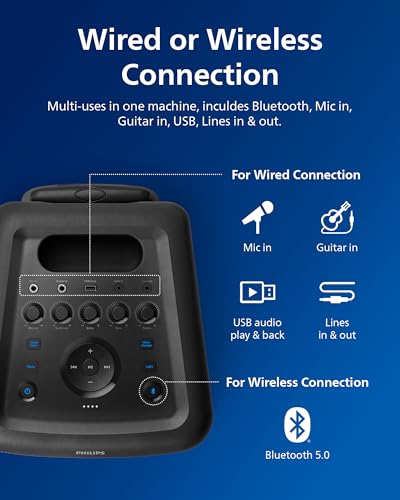 Philips X5206 Bluetooth Party Speaker - 14 Hours Play Time, Deep Bass, Party Lights, Karaoke Effects, Mic & Guitar Input, 80W Max Power, Black