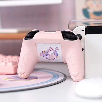 GeekShare Cat Paw Controller Skin Grips Set - Switch Pro Compatible - Anti-Slip Silicone Protective Cover Case - Joystick Caps - Pink
