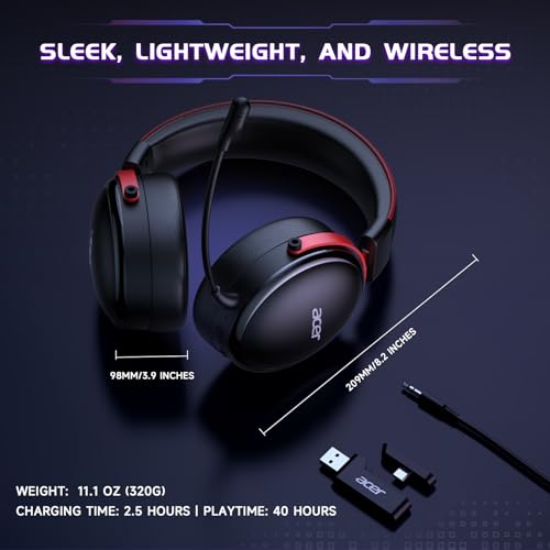 Acer 2.4GHz Wireless Gaming Headsets for PS5, PS4, PC, Switch, Tri-Mode Bluetooth Gaming Headset with Mic, Stereo Sound, 40+Hr Battery, 50mm Drivers - Black