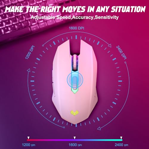 Wireless Gaming Mouse, Rechargeable Computer Mouse, 7-Color LED Light, Ergonomic Mouse with 6 Silent Click Buttons, 3 Adjustable 2400 DPI Wireless Mouse for Laptop,PC,Mac, Pink - color: Pink