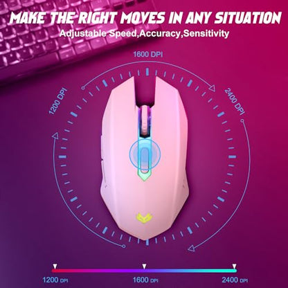 Wireless Gaming Mouse, Rechargeable Computer Mouse, 7-Color LED Light, Ergonomic Mouse with 6 Silent Click Buttons, 3 Adjustable 2400 DPI Wireless Mouse for Laptop,PC,Mac, Pink - color: Pink