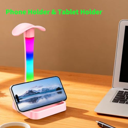 Headphone Stand with Charger,Gaming Headset stand with RGB Light Mode,For Airpod Max Stand,Desk Lamp,Phone Holder,Tablet Holder,desktop organizer,Gifts for Gamers & Music Lover (Pink) - color: Pink