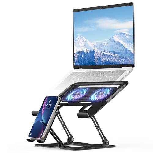 Laptop Cooling Stand with Detachable Fan,2-IN-1 Laptop Stand with Phone Holder and Silent Fans,Adjustable Height and Angle,Carbon Steel Framework,Laptop Cooling Pad for up to 16”Laptop (Black)
