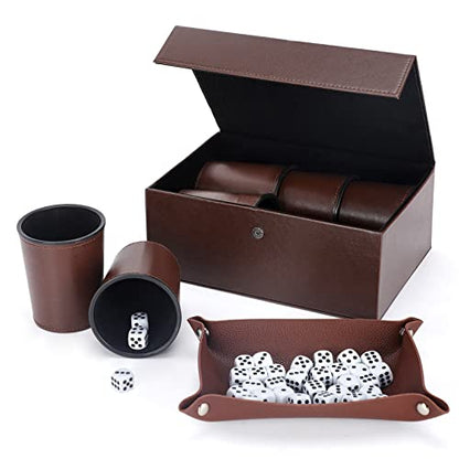 Party Games Leather Dice Cup Set, 6 Black Leather Dice Cups +30 Dice + Exclusive Storage and Transport Case Made of Faux Leather for Dad
