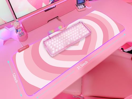 JMIYAV Pink Love Heart RGB Gaming Mouse Pad 31.5x12 Inch Cute Mousepad PC XL Large Extended Glowing Led Light Up Desk Pad Non-Slip Rubber Base Computer Mat Desk Accessories Gaming Setup - color: Loving Heart