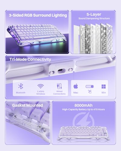 GravaStar Mercury K1 Purple 75% Wireless Mechanical Keyboard – Tri-Mode BT5.0/2.4GHz/USB-C Gaming Keyboard, Jelly Keycaps, Linear Switches, RGB Backlit Creamy Keyboard for PC/Mac【Lavender Purple】 - color: Lavender Purple