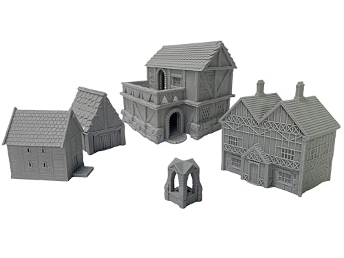Tabletop Miniature Little Town Building Terrains Compatible with Most pupolar RPG War Games - 18mm Scale Scenery with Medieval Architecture Style