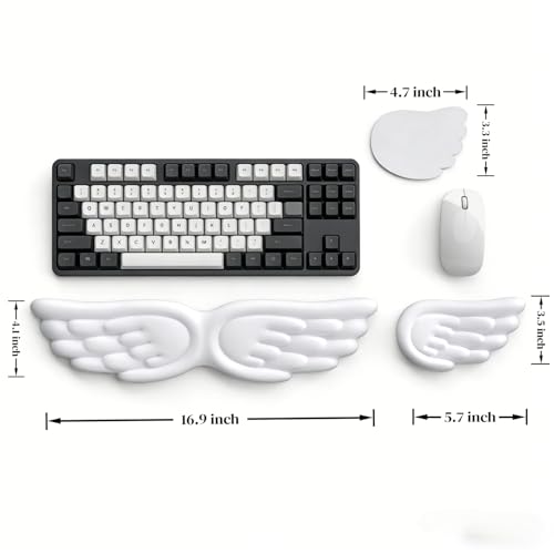 Angel Wing Wrist Rest Ergonomic Memory Foam Wrist Rest for Computer Keyboard Mouse Set with Cup Mat, Cute Gaming Keyboard Cushion Hand Support PU Leather Surface Anti-Slip Waterproof（White） - color: White