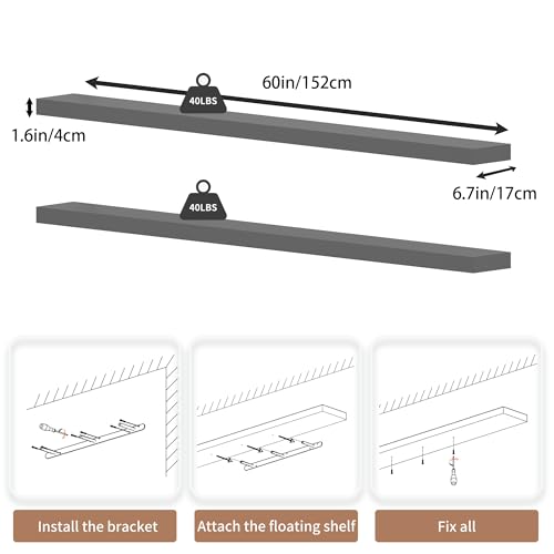 60 inch Long Floating Shelves for Wall,Solid Wood Long Shelves Set of 2,Grey Rustic Wall Mounted Shelves Large Bookshelf (Grey, 60 Inch) - color: Grey, size: 60 Inch set of 2