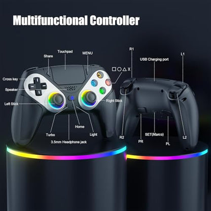 Dinosoo RGB Wireless Controller for PS5/PC/Mobile – Bluetooth Gamepad with Turbo, Macro, Dual Vibration, 6-Axis Gyro, 3.5mm Audio Jack, Built-in Speaker, 1000mAh Battery (Black) - color: Black