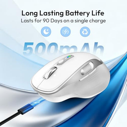 Rechargeable Wireless Mouse with Side Scroll Bluetooth Mouse -White | Bluetooth Computer Mouse for Laptop Multi Device Programmable Mouse, Smart Flying Scrolling for PC, Desktop,Tablet - color: White