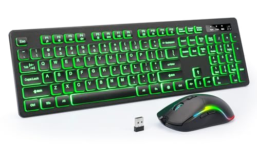Light Up Keyboard and Mouse Wireless, Adjustable Brightness & Color, Rechargeable, Light Up Letters，2.4G USB Full Size Backlit Keyboard Mouse for Windows, PC, Laptop, Desktop, Gaming - color: Black